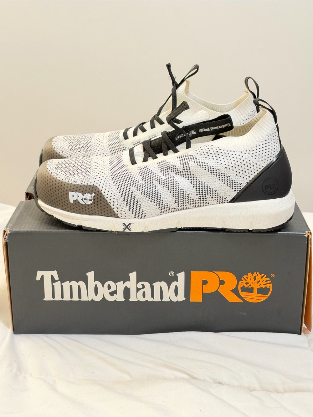 Timberland PRO White and Black Knit Slip-On Work Sneakers